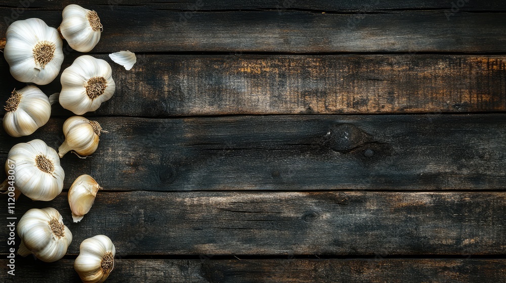 Poster garlic cloves arranged on dark wooden surface with soft focus creating a rustic and cozy atmosphere 
