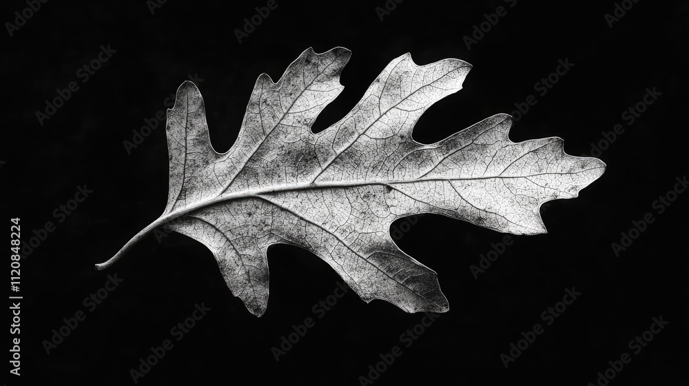 Poster elegant monochrome oak leaf isolated on deep black background showcasing intricate details and textu