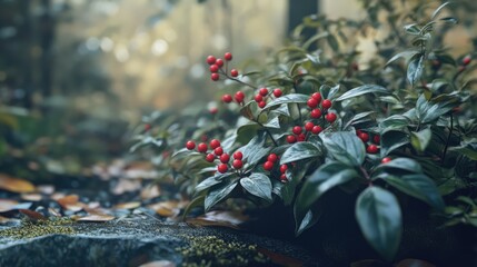 Gaultheria Procumbens with vibrant red berries in serene garden setting showcasing lush greenery and natural beauty