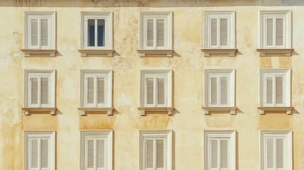 Fototapeta premium Italian architectural facade featuring vintage white windows and weathered textures under soft sunlight