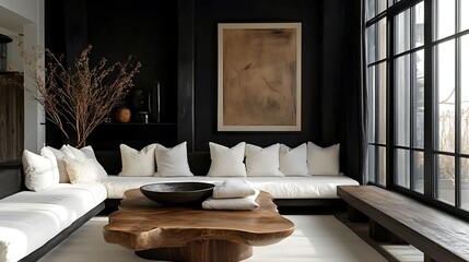 A sophisticated modern farmhouse design with tall black-framed windows, a cozy corner seating nook with white cushions and textured blankets, a wooden coffee table, and vintage-style decor pieces,