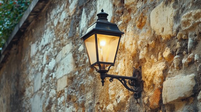 Vintage gas street lamp illuminating stone wall in historic urban setting showcasing architectural charm and warm ambiance - Powered by Adobe