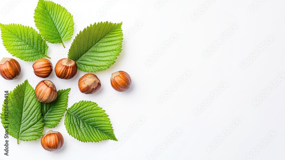 Poster Hazelnuts and fresh leaves arranged on a white background with ample copy space for creative text or design elements.