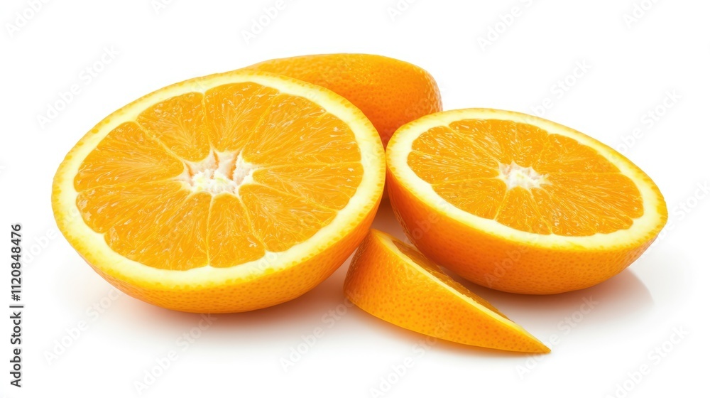 Poster freshly sliced juicy oranges displayed in close-up on a white background highlighting their vibrant 