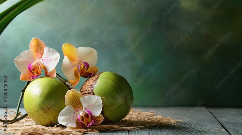 Poster Green coconuts and vibrant orchids arranged harmoniously on a rustic wooden surface with a blurred green background