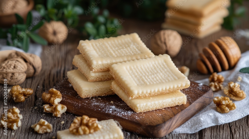 Poster honey walnut biscuits stacked on a wooden board surrounded by walnuts and honey drizzle with a rusti