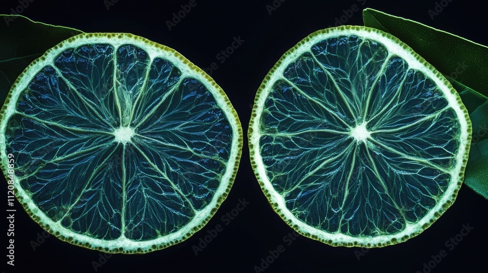 Poster Grapefruit cross-section showcasing intricate textures and patterns against a dark backdrop emphasizing vibrant green leaves.