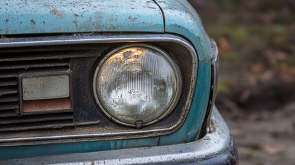Vintage car headlight detail showcasing worn textures and reflections on an old automobile in a natural outdoor setting.