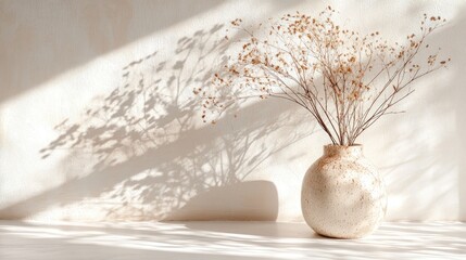 Stylish Scandinavian home interior with ceramic vase and dry flowers casting beautiful shadows on a white table in soft sunlight