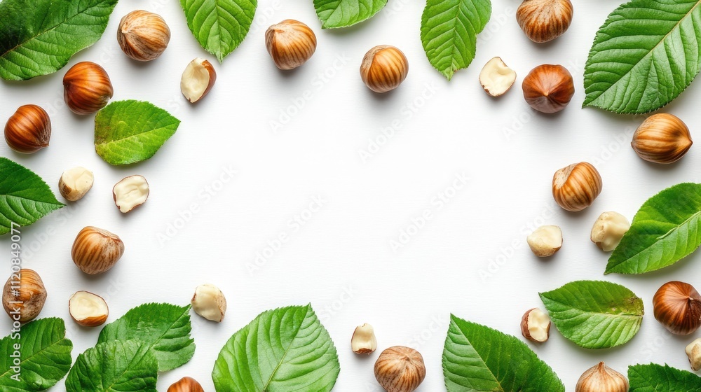 Aufkleber Hazelnuts and fresh green leaves arranged in a circular pattern on a white background with ample copy space for text or branding.