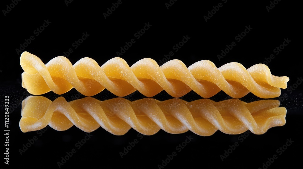 Poster raw fusilli pasta displayed on a sleek black background showcasing its unique spiral shape and textu