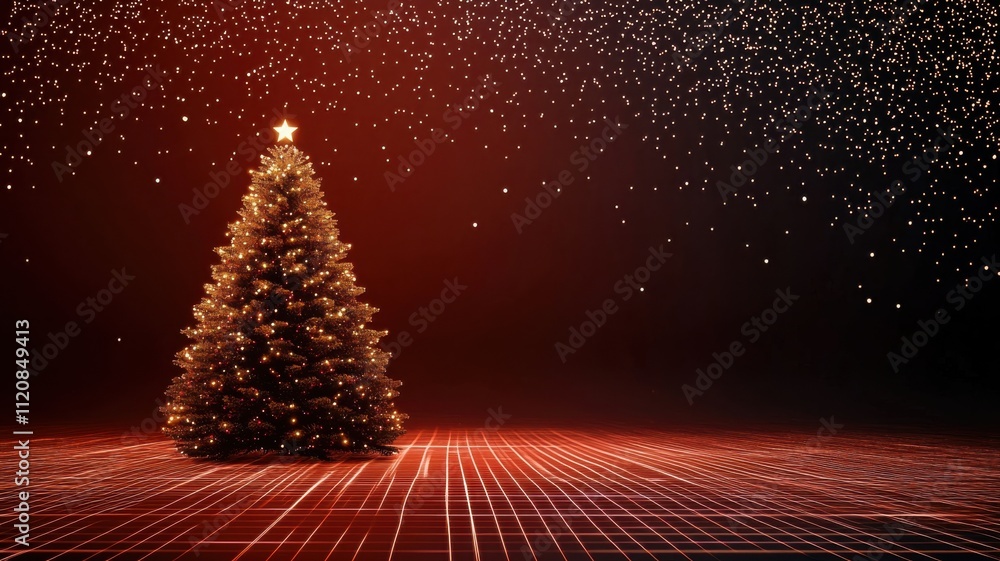 Poster a glowing christmas tree with a star on top, surrounded by a shimmering red background and falling s