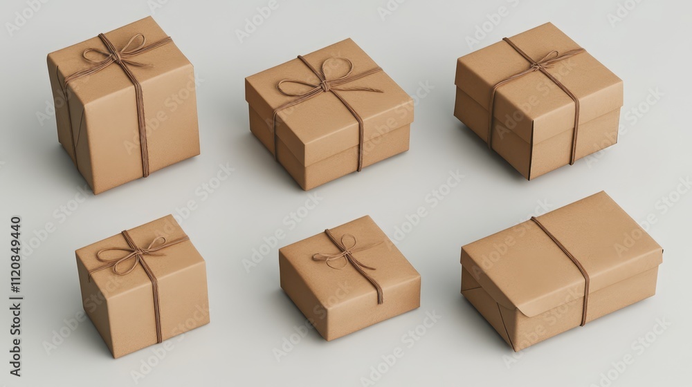 Poster various angles of gift boxes tied with bows on a clean white background for festive and promotional 