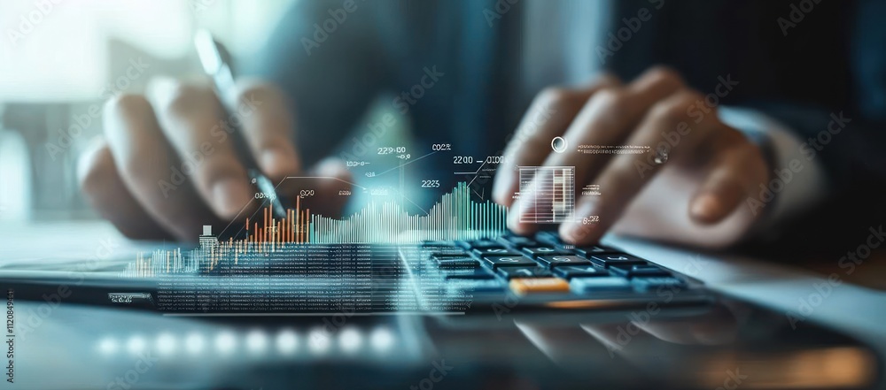 Aufkleber business analysis and financial reporting with calculator and graphs in modern office environment