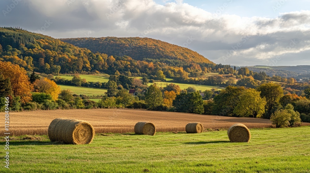 Poster autumn landscape with hay bales scattered in harvested fields showcasing vibrant seasonal colors and
