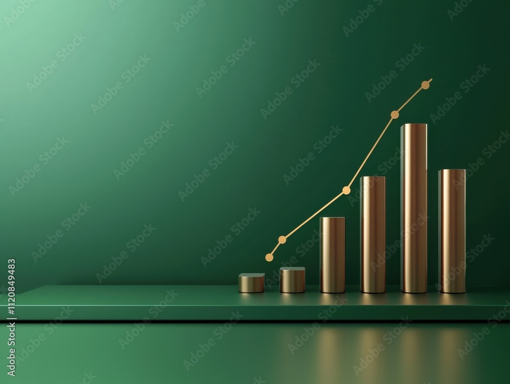 Poster a minimalistic design featuring golden bar graphs on a green background, symbolizing growth and prog