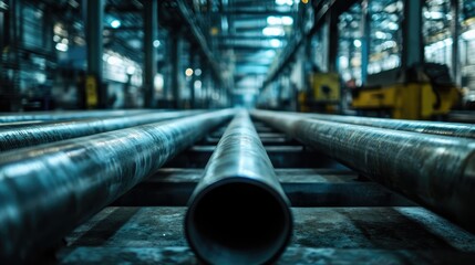 Industrial metal piping arranged in a factory setting showcasing preparations for scaffolding manufacture with an artistic perspective.