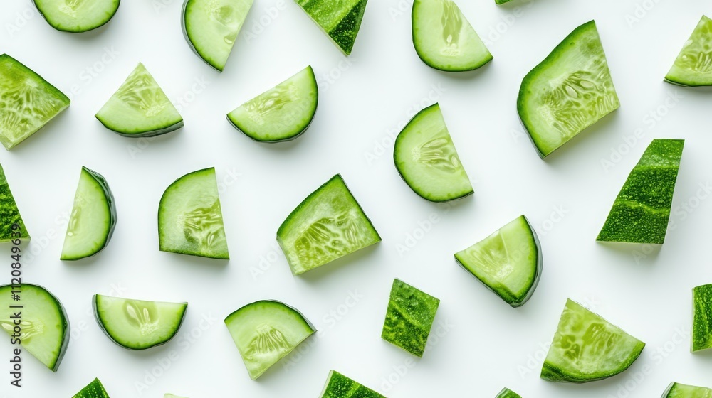 Poster freshly cut green cucumber slices arranged artistically on a clean white background showcasing vibra