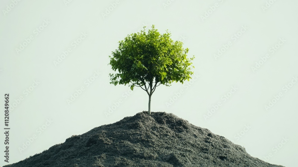 Poster vibrant green tree emerging from rich soil atop a mound with a minimalistic white background symboli