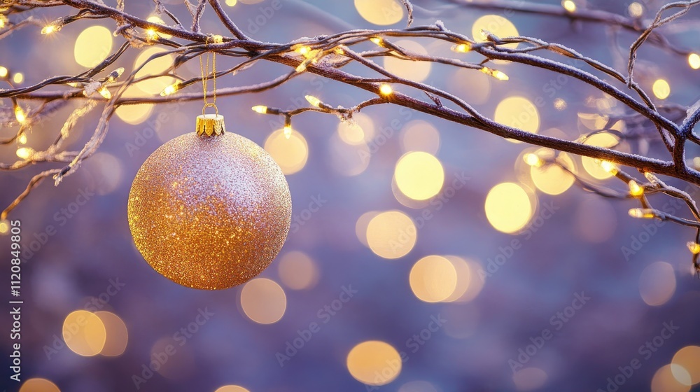 Poster golden christmas ornament on branch with shimmering lights creating a magical atmosphere against a p