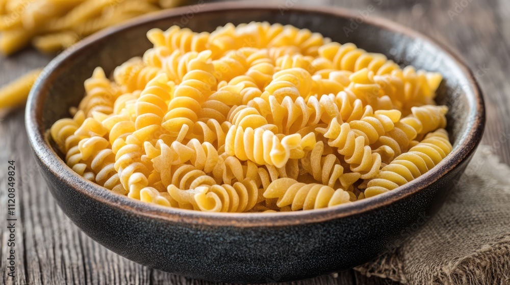 Poster homemade fusilli pasta in a rustic bowl on a wooden table emphasizing texture and fresh ingredients 