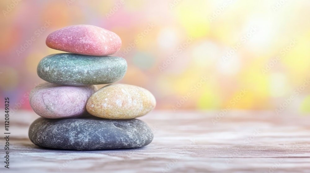 Aufkleber Decorative colorful stones stacked on a wooden surface with a soft blurred background creating a serene and tranquil atmosphere