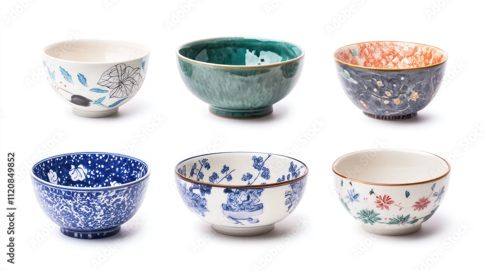 Poster set of assorted colorful porcelain bowls arranged on a white background showcasing traditional patte