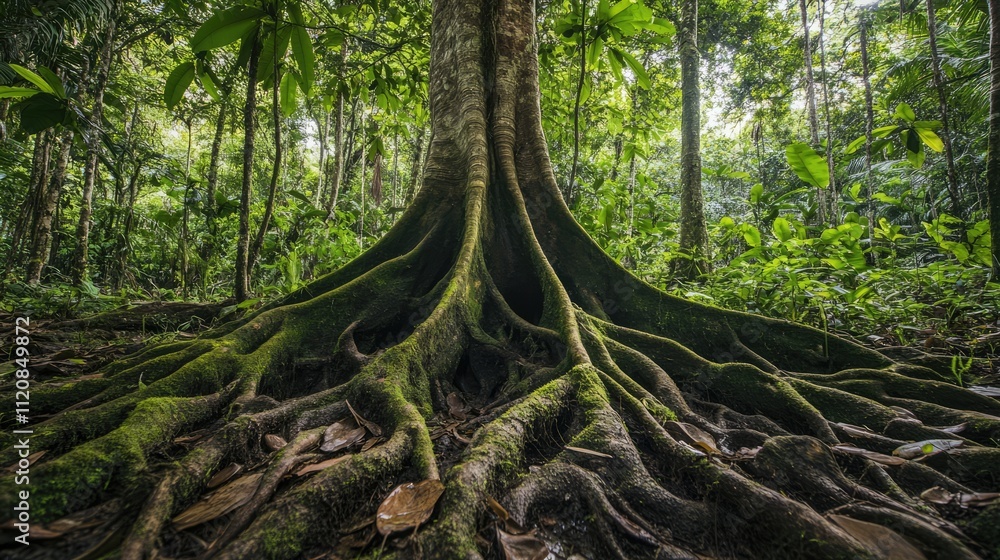 Poster moss-covered tree roots in a lush tropical forest showcasing nature's vibrant greenery and intricate