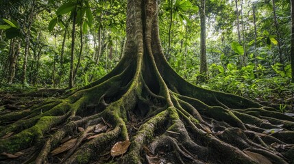 Moss-covered tree roots in a lush tropical forest showcasing nature's vibrant greenery and intricate root structures.