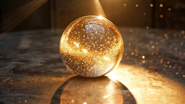 A shimmering glass orb reflecting light and sparkles on a textured surface.