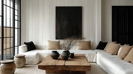 A bright and airy farmhouse living room with white-paneled walls, warm wooden accents, a comfortable seating arrangement adorned with soft cushions, vibrant green plants in ceramic pots,