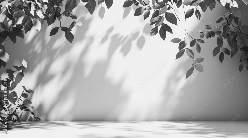 Poster shadows of leaves on a blank wall and sidewalk in black and white creating natural silhouettes for a