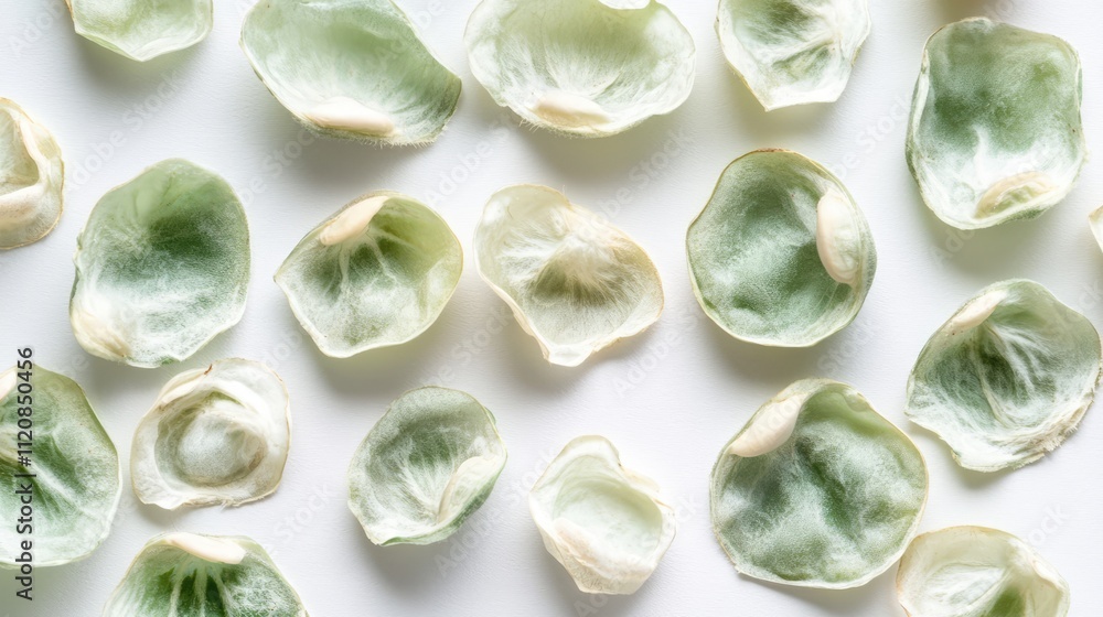 Poster dried green pea shells scattered on a clean white background showcasing their delicate textures and 