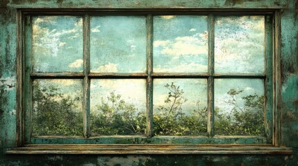 Vintage Green Window Frame with Scenic Nature View Through Weathered Glass