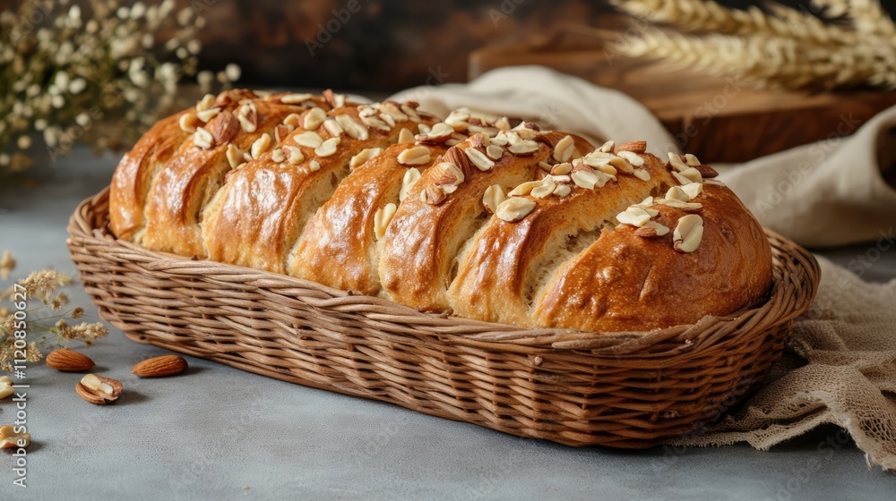 Poster handmade organic nut bread in a woven basket showcasing healthy eating and natural bakery products o