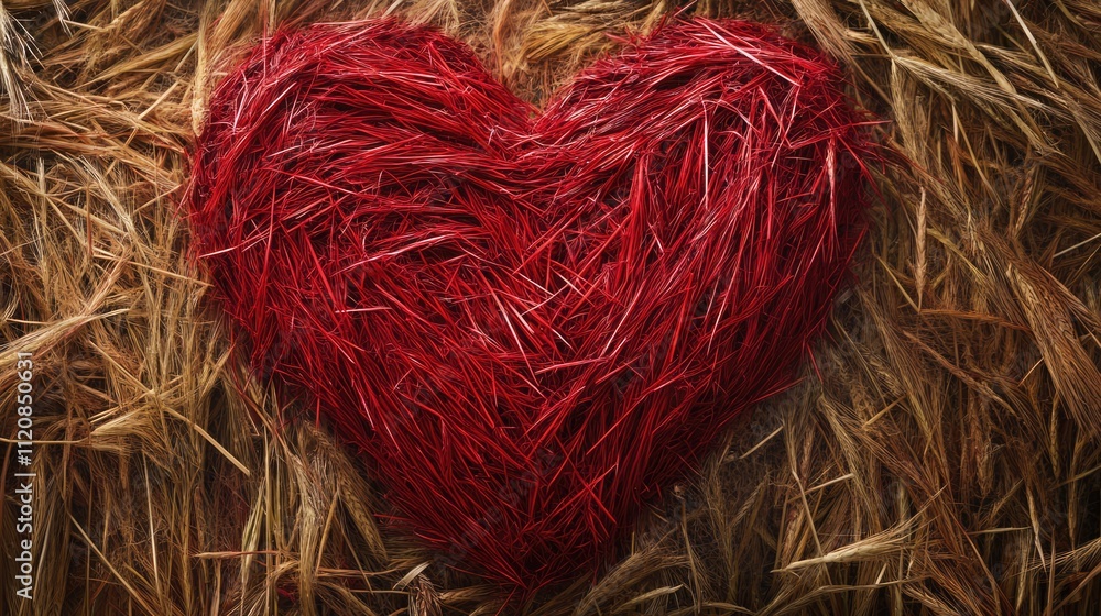 Aufkleber Red straw heart on a rustic background symbolizing love and affection with natural textures and earthy tones.