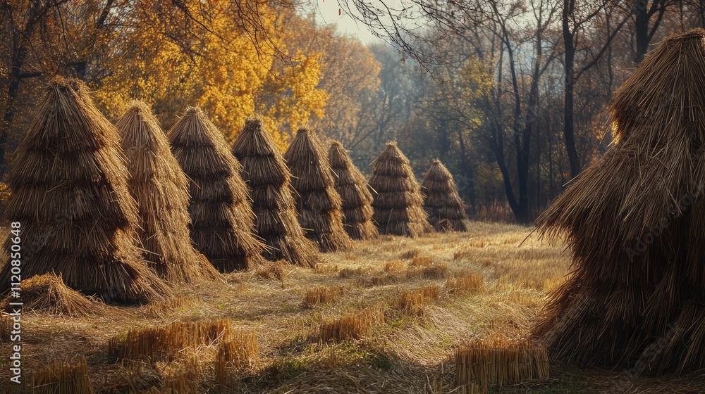 Poster harvested straw sheaves arranged in round stacks in a picturesque autumn field surrounded by trees a