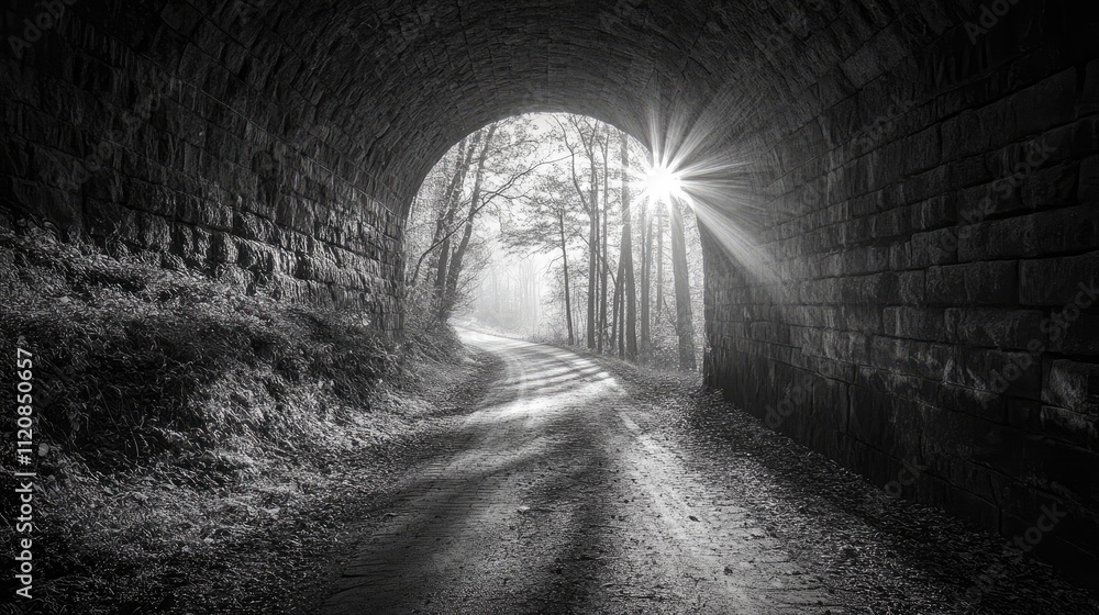 Poster light streaming through a tunnel surrounded by trees creating a mystical and serene atmosphere in bl