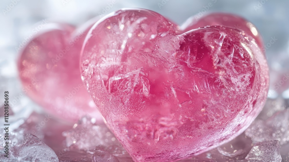 Poster Pink heart shaped ice blocks on a bed of crushed ice creating a romantic and refreshing visual perfect for love themed concepts.