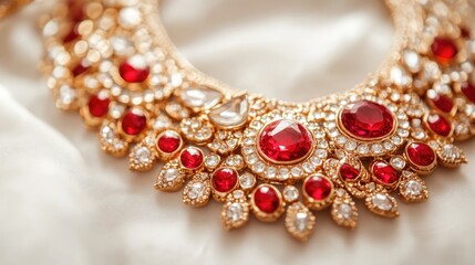 Obraz premium Elegant Indian bridal necklace adorned with red gems and intricate detailing displayed on a soft white background.