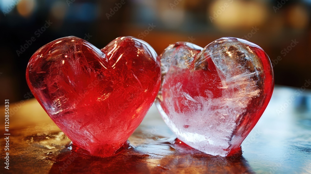 Poster heart shaped ice blocks in red and clear colors creating a romantic and refreshing ambiance ideal fo