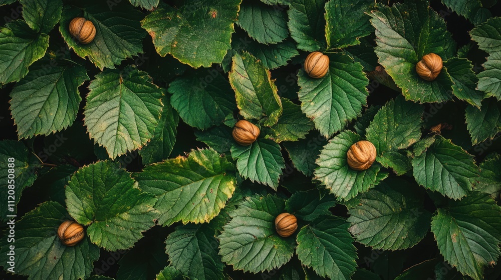 Poster hazelnut leaves with nuts on a dark background showcasing natural textures and vibrant greenery in a