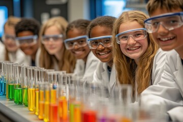 A group of young students all safety equipment engaged in a science experiment in a laboratory