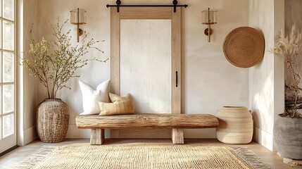 A charming rustic hallway showcasing a barn door with iron hardware, lightly textured walls, antique brass sconces providing warm illumination, and a rustic wooden storage bench,