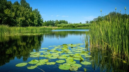 Serene Summer Day at the Lake: Lily Pads and Tranquil Waters