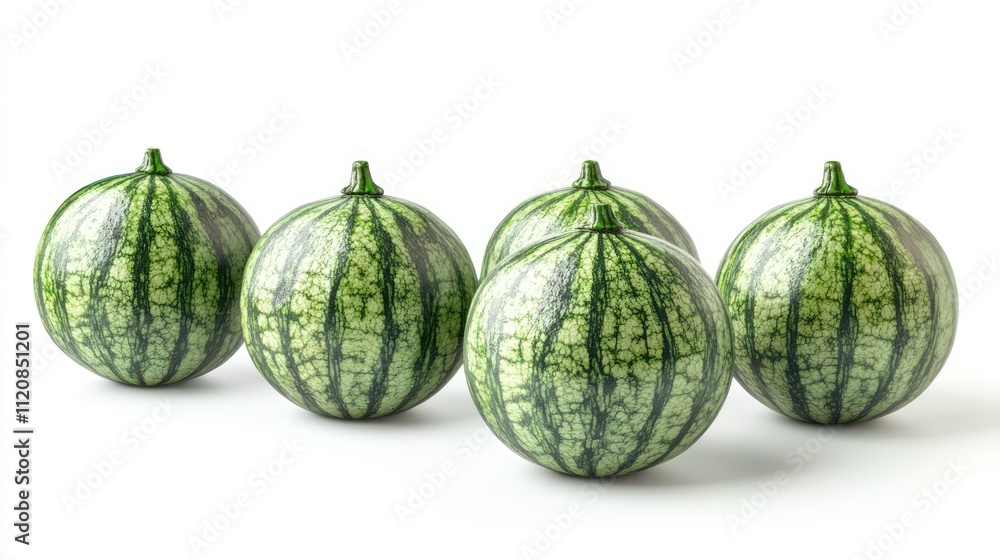 Poster fresh watermelons displayed in a line on a clean white background highlighting their vibrant colors 