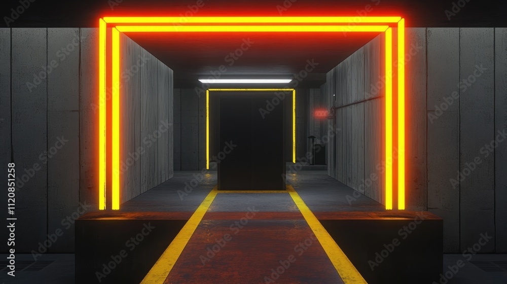 Aufkleber neon illuminated passage with glowing frames and contrasting colors in a modern architectural settin