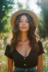 A woman wearing a black shirt and blue jeans is standing in a field
