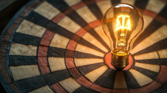 KPI concept with light bulb on dartboard symbolizing business targets and performance indicators in a creative top view arrangement