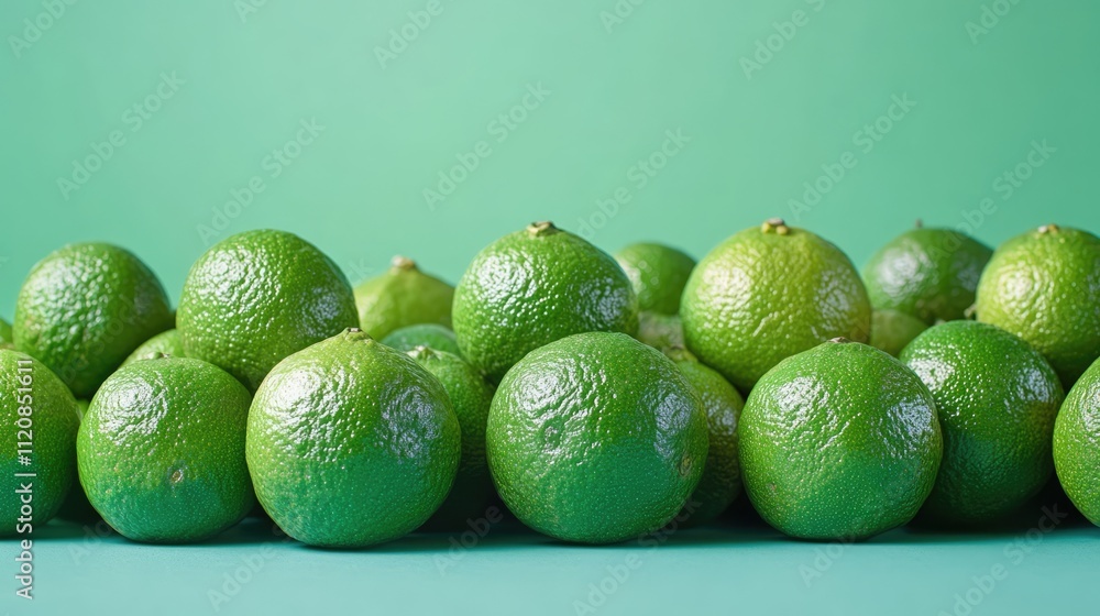 Poster fresh green mandarins arranged in a row showcasing textured skin against a vibrant background with a